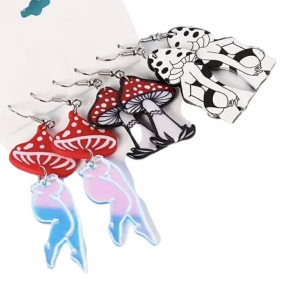 Psychedelic Mushroom Lady Lightweight Earrings Set of 3- Sexy Acrylic Black Red - Picture 1 of 5